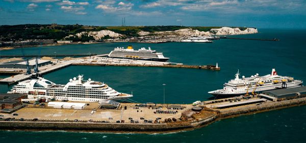 An aerial view of the Port of Dover with three cruise liners docked.