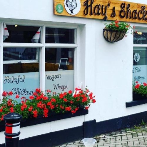 Exterior of Hay's Shack with geranium filled window boxes