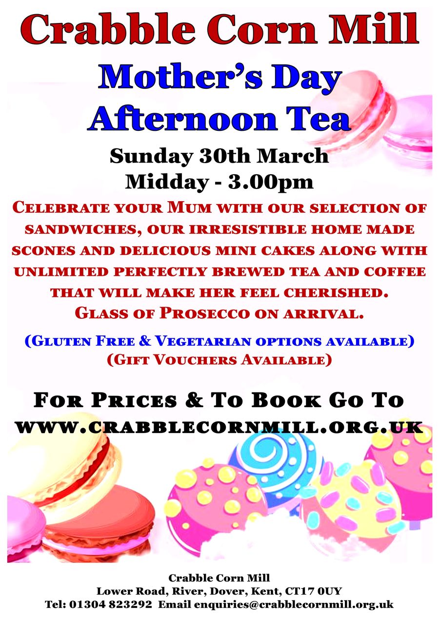 Poster advertising Mother's Day tea at Crabble Corn Mill