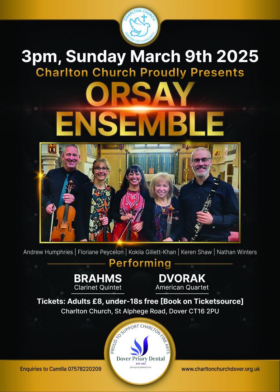 A poster advertising the Orsay Ensemble at Charlton Church on 9th March 2025.