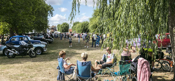 A group of people having a picnic with classic cars lined up in the background