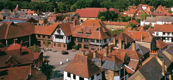 Aerial view of Sandwich Guildhall and Cattle Market 