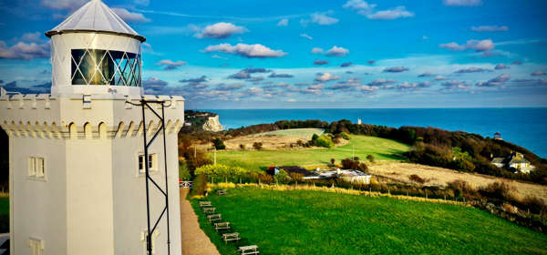 South Foreland Lighthouse from the air with the clifftop and sea in the background 