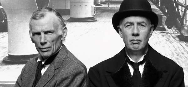 Black & white photo of actor dressed as J. Bruce Ismay