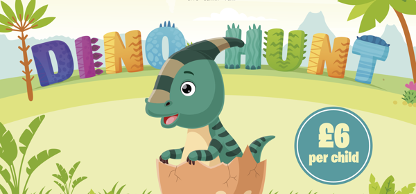 Colourful poster for Dino Hunt with a baby dino in an egg